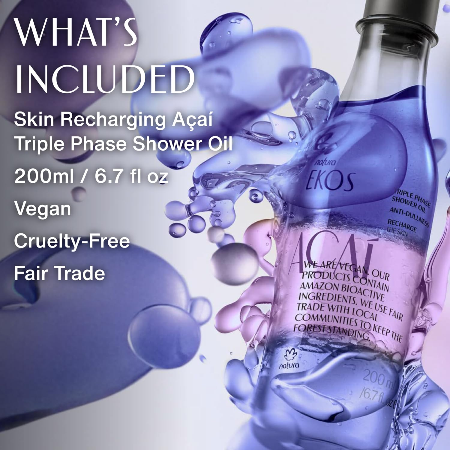 natura - Ekos Açaí Triple Phase Shower Oil - Revitalizing In-Shower or Bath Body Oil - Anti-Dullness - Scented - Bath Oil - Skin Moisturizer - Vegan Skin Care - Brazilian Beauty - 6.7 fl oz (200ml)