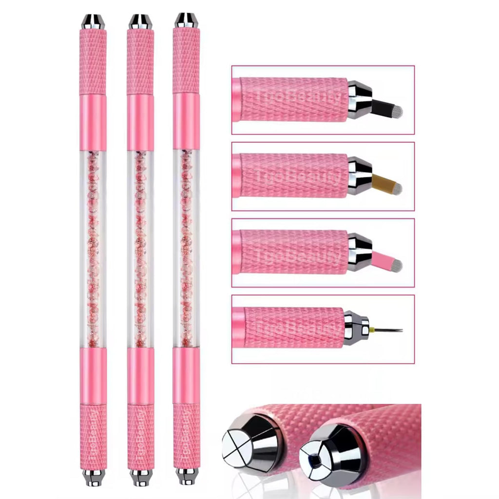 TgoBeauty Pink Microblading Double End Crystal Tattoo Manual Pen Semi PMU Handle with 10pcs 0.15mm U18 Microblading Needles Blade for Eyebrow Permanent Makeup Beauty (Pink Pen+10pcs 0.15mm U18 Blades)