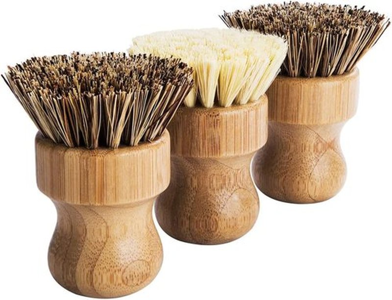 Bamboo Palm Pot Brush Set - Durable Mini Dish Scrubber Kit with Union & Tampico Fiber | 3 Packs