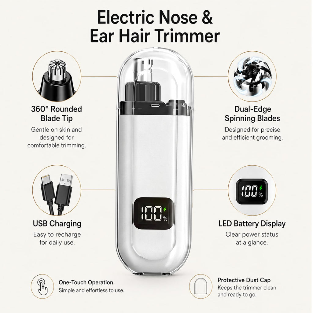NumberGlow USB Nose and Ear Hair Trimmer for Men and Women Electric Nose Clipper with LED Power Display, Water-Resistant Dual-Edge Blades, High-Speed Motor, Gentle Grooming for Travel, White