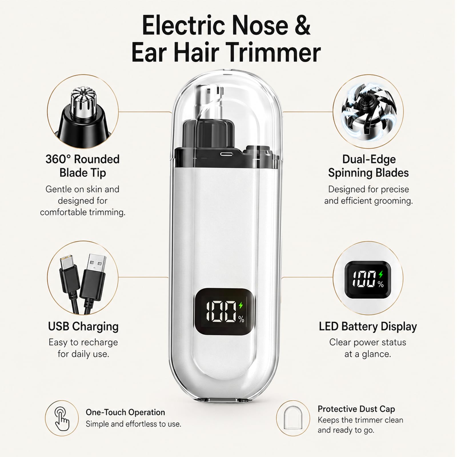 NumberGlow USB Nose and Ear Hair Trimmer for Men and Women Electric Nose Clipper with LED Power Display, Water-Resistant Dual-Edge Blades, High-Speed Motor, Gentle Grooming for Travel, White