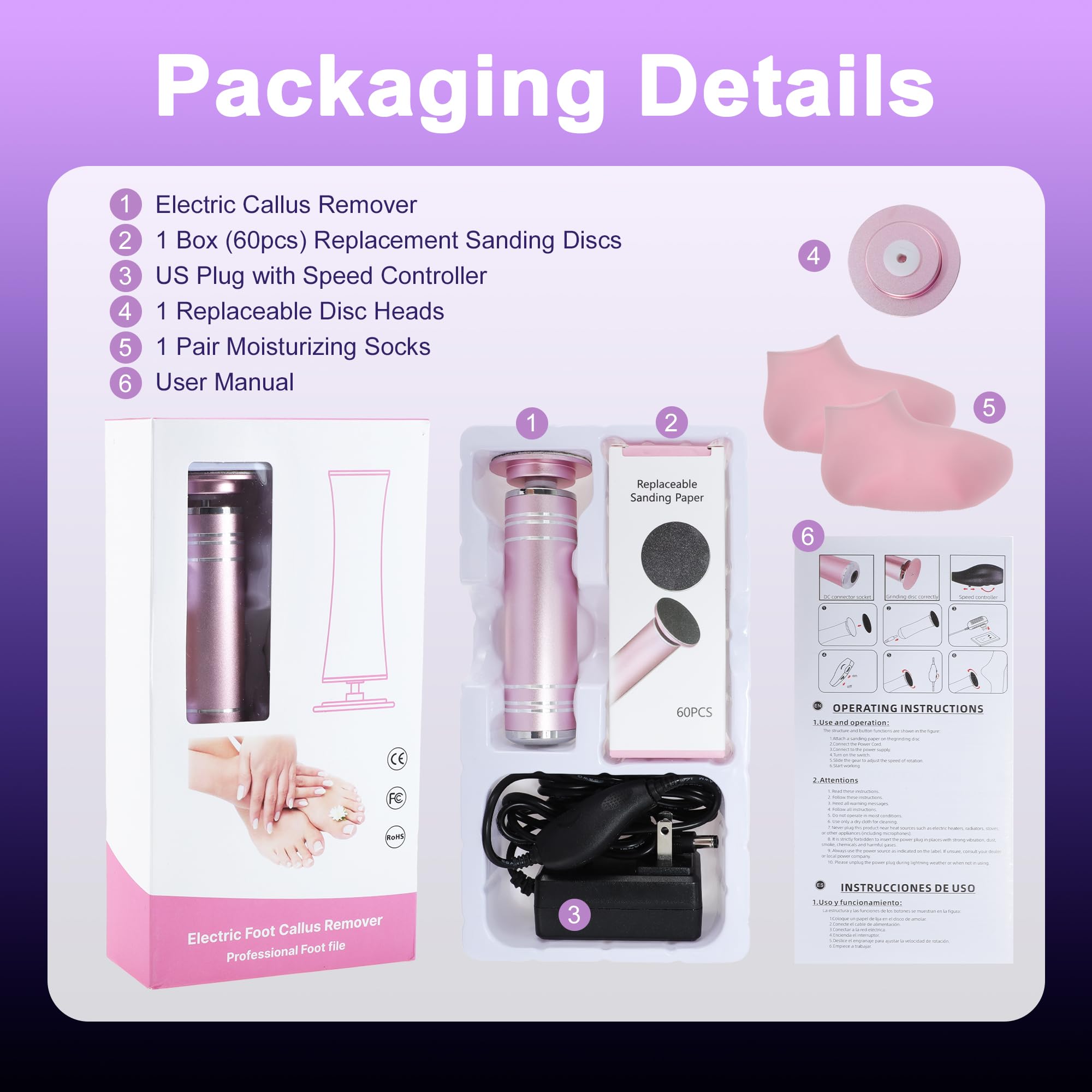 VOCOSTE 1200RPM Electric Callus Remover for Feet, 2 Replaceable Grinding Discs, 60 Sandpaper Discs, 1 Moisturizing Socks, Professional Pedicure Tool Kit for Dead Skin & Hard Cracked Heels
