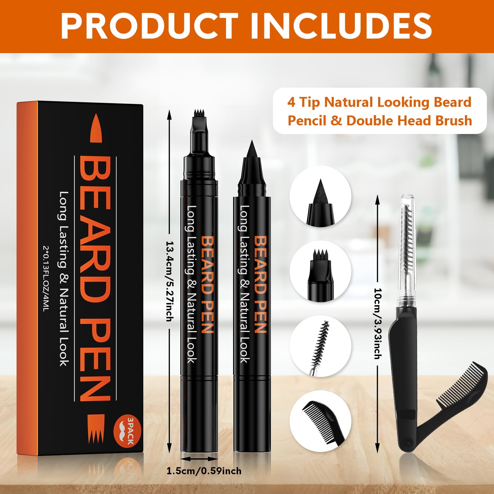 3-Pack Beard Pen Filler for Men, Waterproof & Sweat Proof