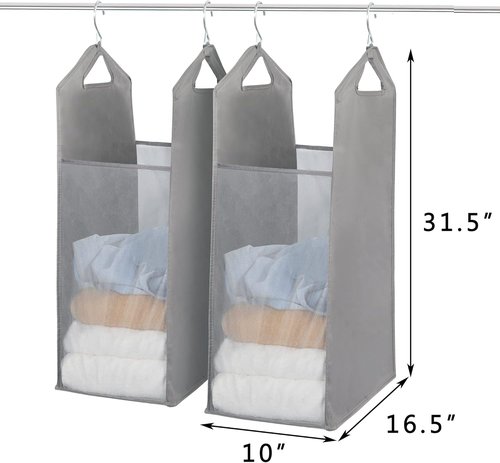 Storage Maniac 2-Pack Hanging Laundry Hamper - Slim Double Organizer with See-Through Mesh, Grey