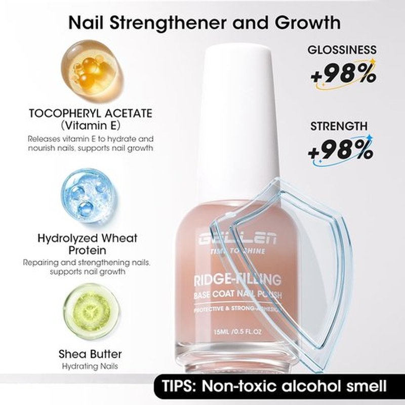 GELLEN Clear Nail Polish Base Coat - Ridge Filling Sheer Nude Tint | Smooth & Nourish Damaged Nails with Shea Butter & Vitamin E