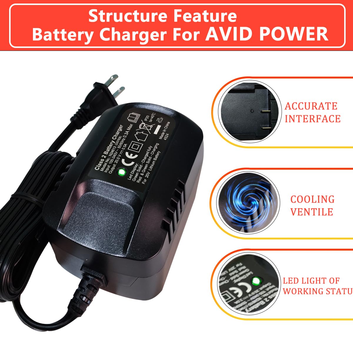 20V Max for AVID Power Fast Lithium Ion Battery Charger LED Indicator Light Can be Used for 20V Battery 2207EB Not 3A
