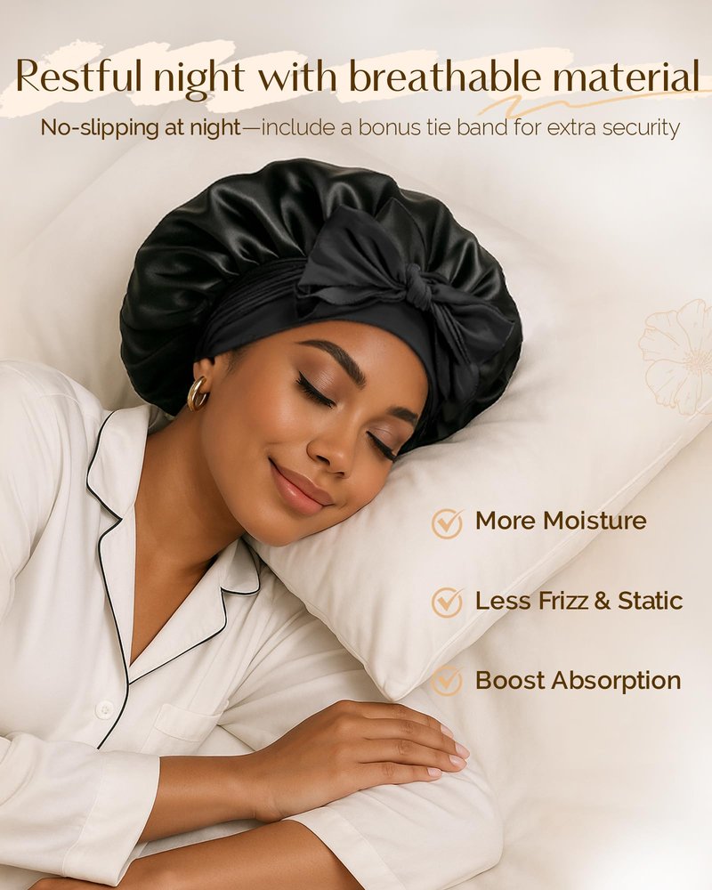 Yanibest Adjustable Satin Bonnet for Sleeping, Double Layer Silk Hair Bonnet with Tie Band for Unisex Women Men Curly Natural