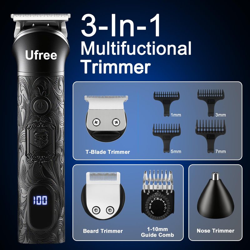 Ufree Beard Trimmer, Hair Clippers Mens Shaver Electric Razor, Hair Trimmer for Men Cordless Barber Clippers and Trimmers Set, Hair Cutting Kit for Men Grooming Gifts, Black