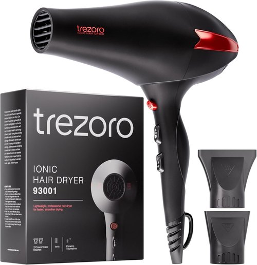 TREZORO Professional Hair Dryer - Ionic Ceramic Tourmaline Technology, 2000W Fast Drying, Black