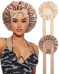 2PCS Satin Bonnets Silk Bonnet for Sleeping Women Curly Hair Bonnet with Tie Band Bonnets Sleep Cap (US, Numeric, 7, 7 3/8, Elastic Tie Band -Brown +Champagne)