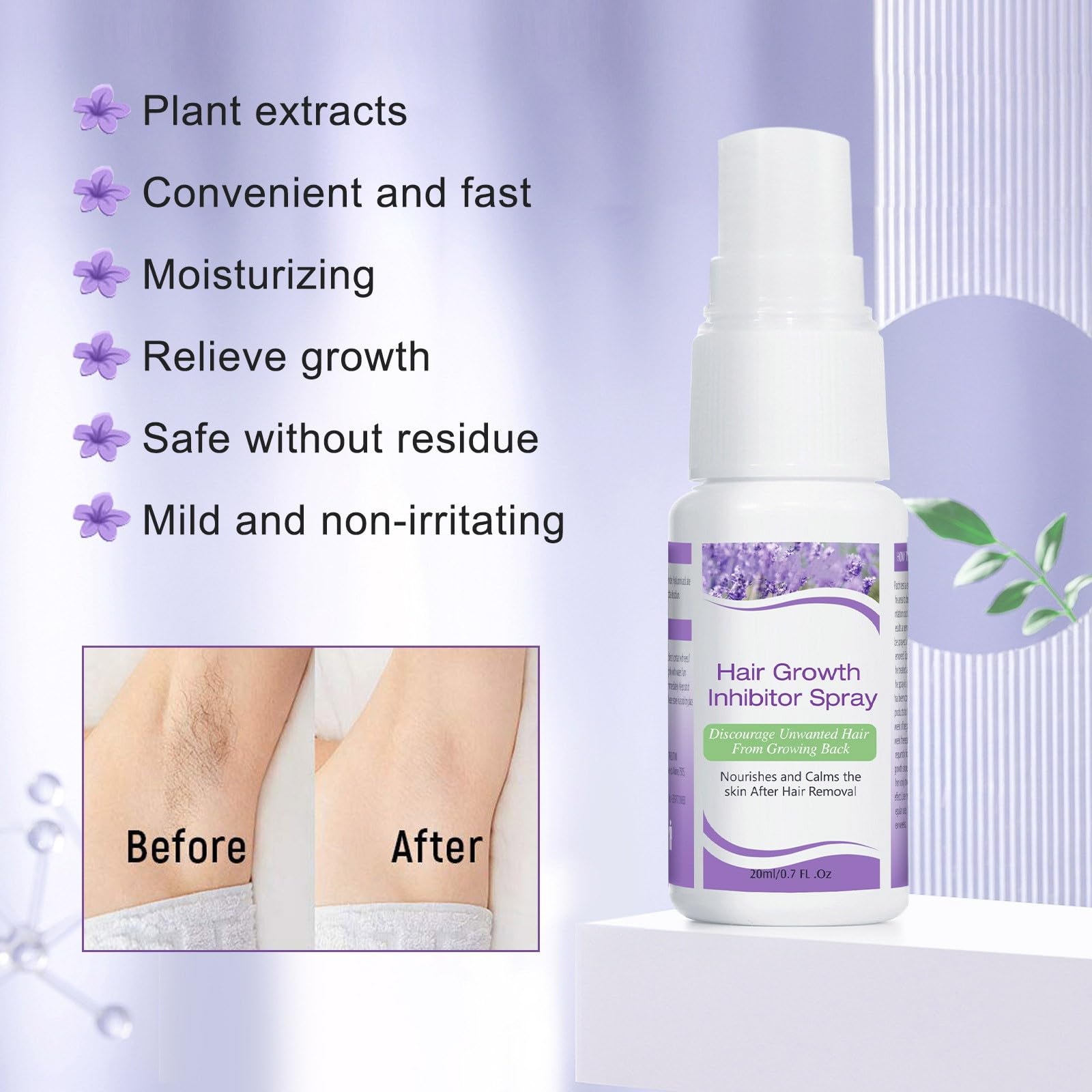 Hair Growth Inhibitor for Face - 2 Pack Hair Inhibitor 20ml, Painless Hair Removal Inhibitor Spray Slows Regrowth for Body, Face, Legs, Arms, Armpit, After Waxing Care for Women & Men