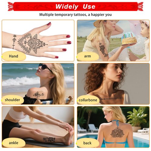 12 Sheets Temporary Tattoo Stencils Kit-Large 78 Pcs Tattoo Patterns-6 Pcs (Brown/Black/Maroon) Ink with Paint Brush for DIY Body Art-Tattoos for Women Men Kids