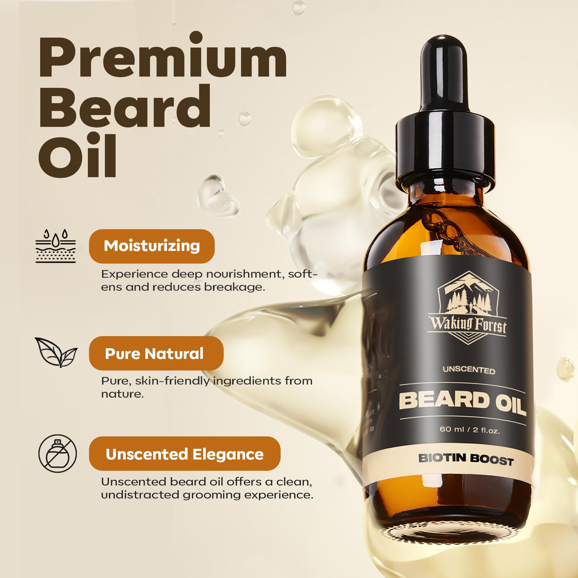 Waking Forest Beard Oil for Men 60 ml - Unscented Biotin Mustache Oil with Vitamin E, Rosemary & Castor - Beard Care Softener, Strengthens, and Moisturizes - Beard Conditioner (2 oz)