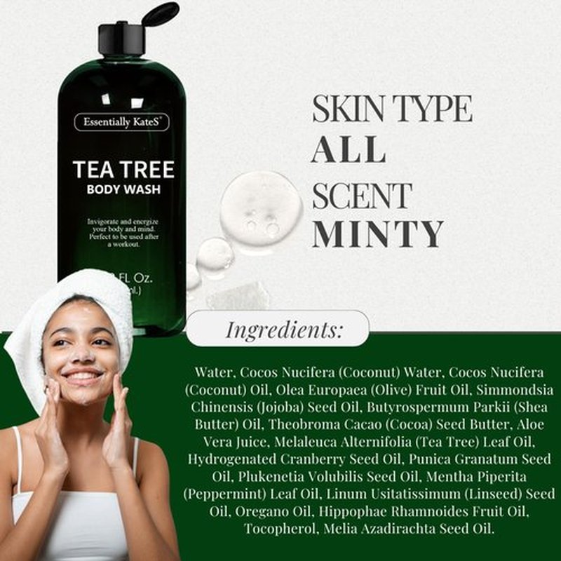 Essentially KateS Tea Tree Body Wash 16.9 fl oz - 100% Natural - Fights Body Odor & Irritation - Helps Athletes Foot, Ringworms, Jock Itch, Acne, & Eczema