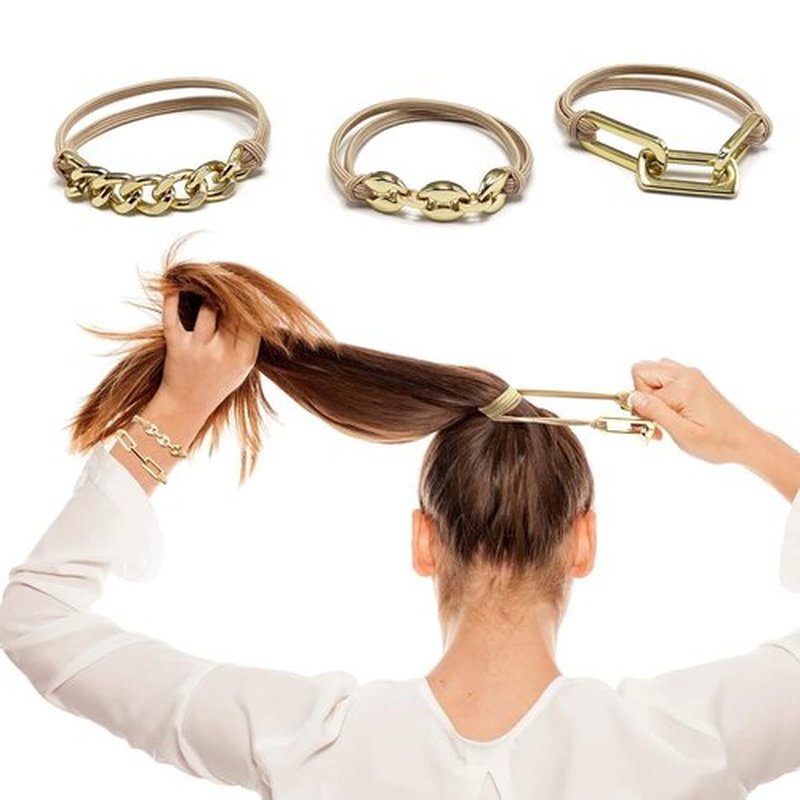 Bracelet Hair Ties for women - Ponytail Holders - Cute Hair Accessories with Gold Jewelry - Handmade Soft Elastic No Damage Scrunchies - Khaki