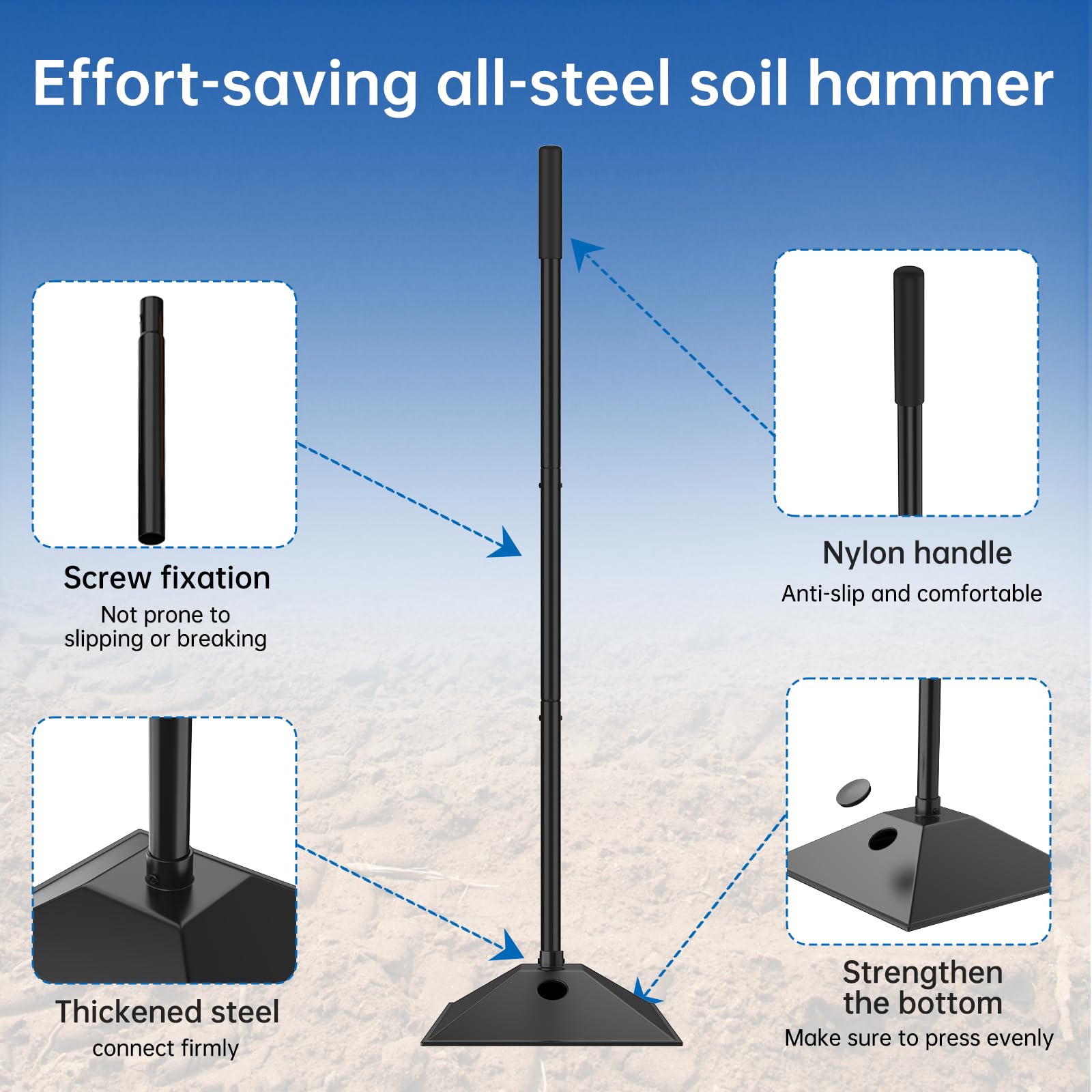 ZXFUTURE New multi purpose steel tamper with water-filled weighting and rubberized handle, 10x10in-57in, 3-section handle for compacting soil gravel asphalt and driveways, garden and landscaping tools