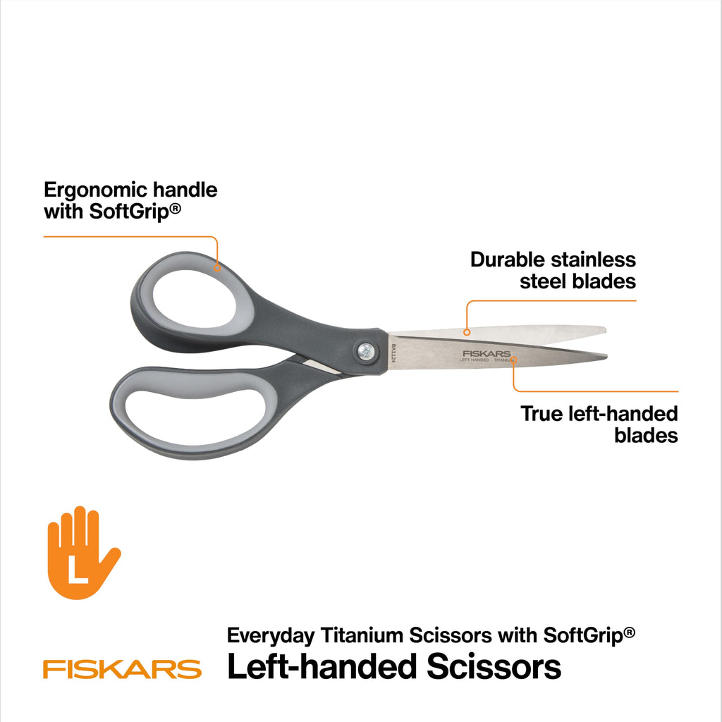 Fiskars 8” Left-Handed Titanium Scissors, SoftGrip Handle for Comfort, Durable Stainless Steel Blades for Home and Office Use