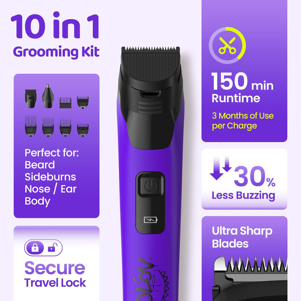 OLOV LITE Electric Beard Trimmer for Men,Nose Hair Trimmer &Men‘s Electric Razor 10-in-1 Grooming Kit Cordless Shaver Gift-Ready for Men(Purple)