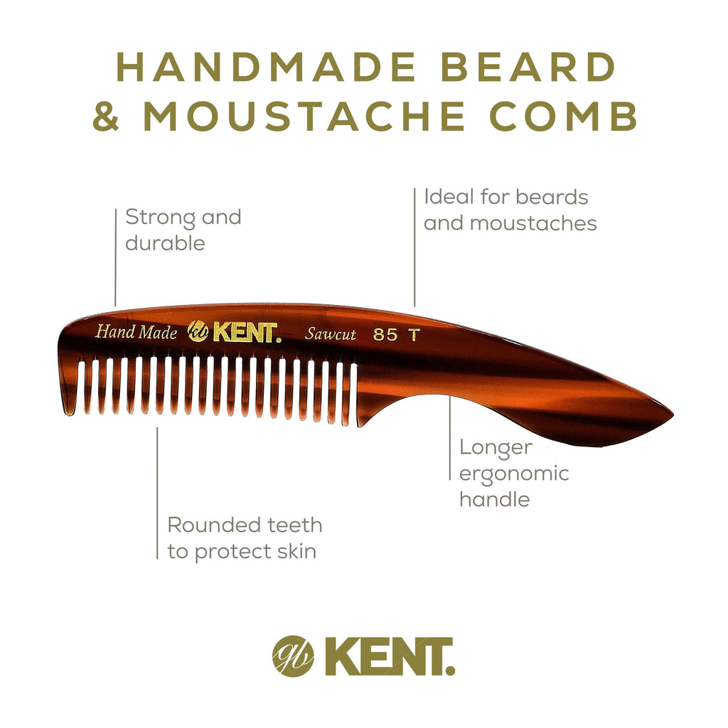 Kent 85T Small Wide Tooth Beard and Mustache Pocket Comb, Coarse Toothed Travel Size for Facial Hair Grooming and Beard Care. Saw-cut of Quality Cellulose Acetate, Hand Polished. Hand-Made in England