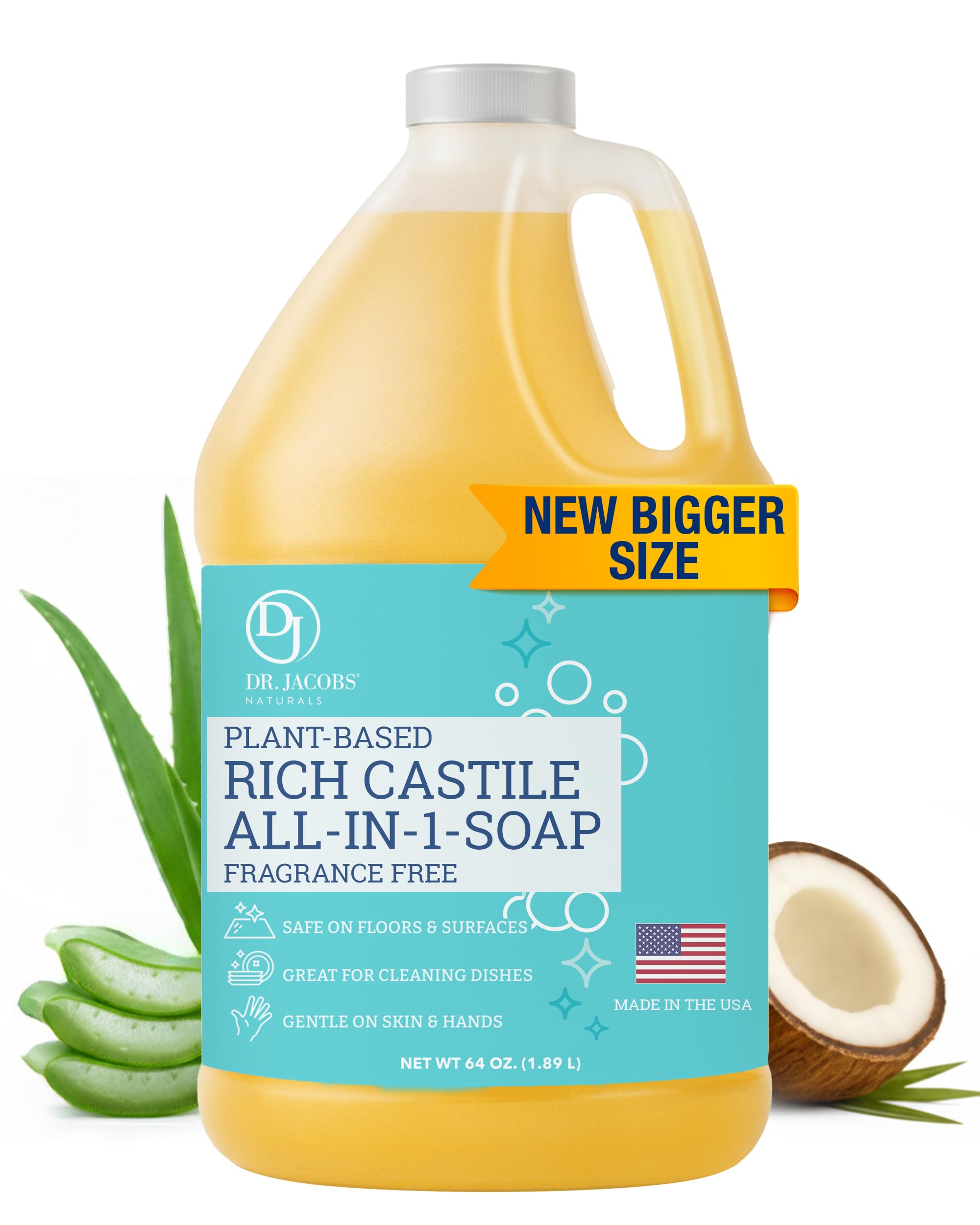 Dr. Jacobs Naturals Pure Castile Soap, 64 oz Value Size - Unscented - Made in USA - All-in-One Plant-Based Multipurpose Cleaner for Floors, Counters, Dishes & Laundry, Gentle on Skin, Biodegradable