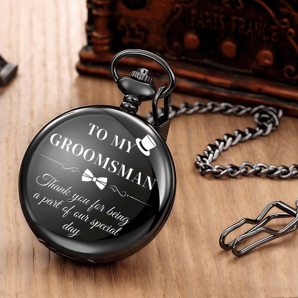 Afcrho Groomsmen Gifts Set of 4 Wedding Engraved Pocket Watch Best Man Roman Numerals Quartz Pocket Watch Wedding with Chain