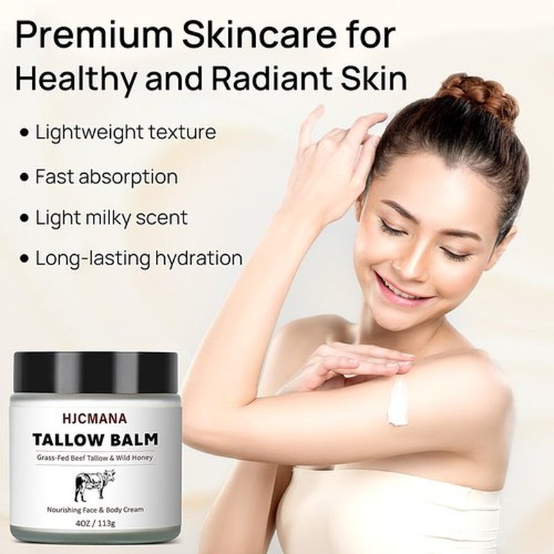 HJCMANA Beef Tallow for Skin 4 OZ, Natural Unscented Tallow and Honey Balm, Grass Fed Beef Tallow for Face and All Skin Types