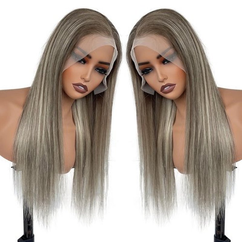 Munx Ombre Highlight Ash Blonde Lace Front Wigs Human Hair, 13x6 HD Straight Lace Front Wigs Pre Plucked Balayage Glueless 180% Density Full Ends Wig Brown Roots Highlighted Human Hair Wig 20"