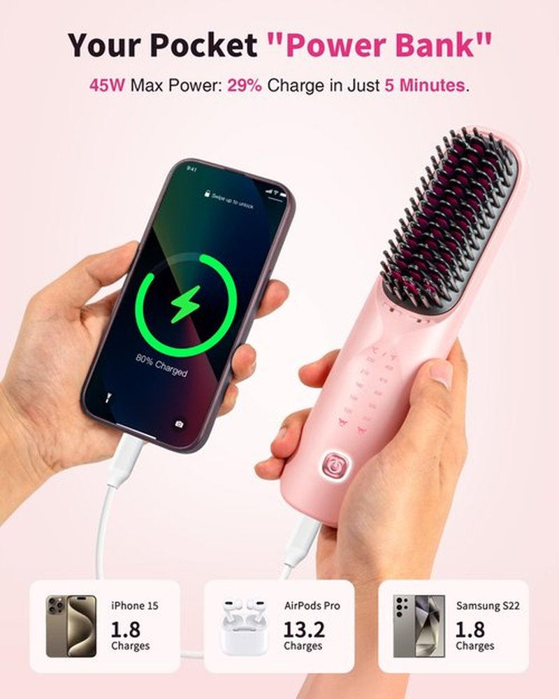 Cordless Hair Straightener Brush - Portable Hair Straightening Brush for Travel - 300M Negative Ions for Frizz-Free Shine, Touch Up On-The-Go, Fast Heating, Gift for Women, 10,000mAh, Powder Pink