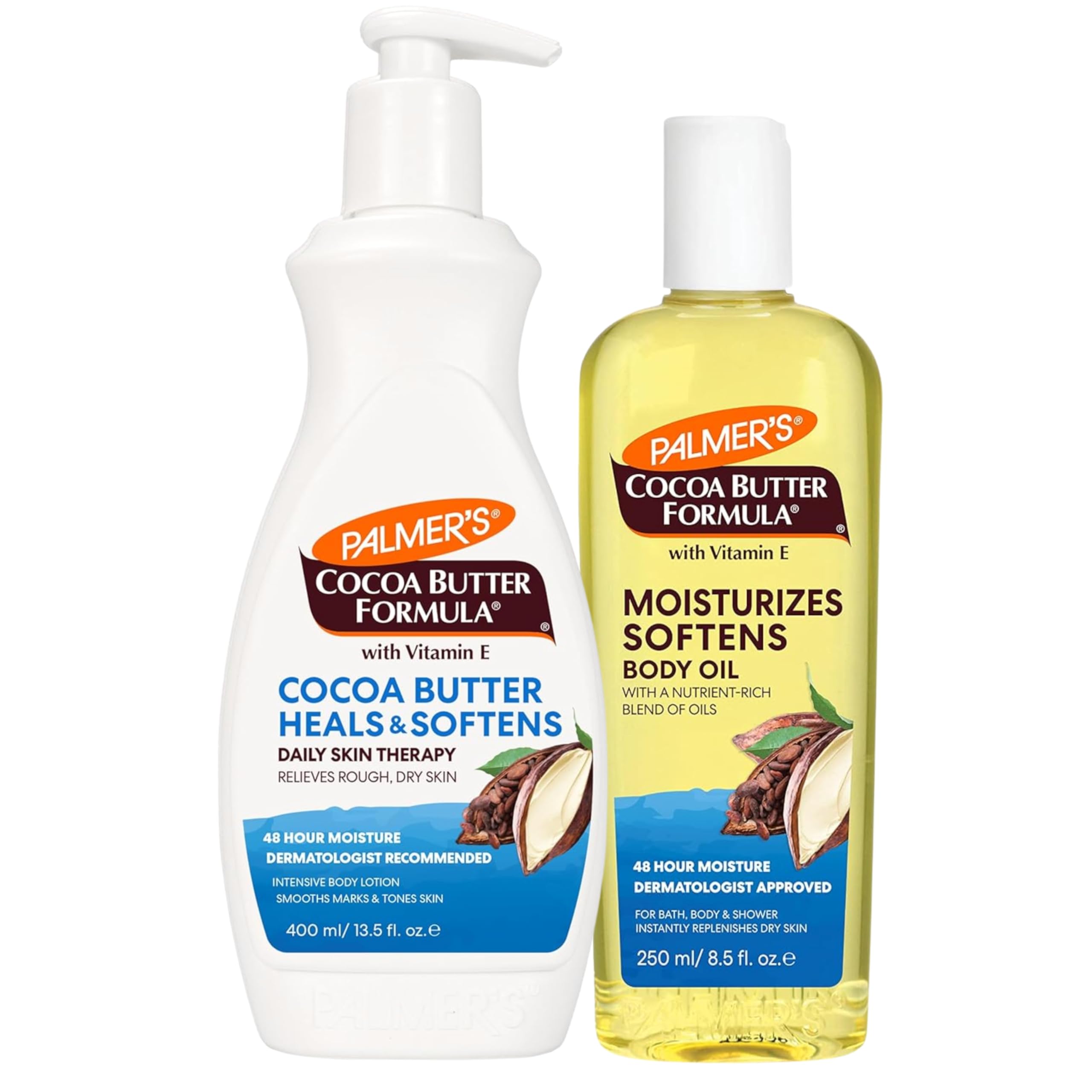 Palmer's Cocoa Butter Body Oil + Body Lotion, Value Skin Care Bundle for Dry Skin, Provides 48 Hour Moisture to Dry, Rough Skin, Includes 1 Moisturizing Lotion (13.5 fl oz) and 1 Skin Oil (8.5 fl oz)