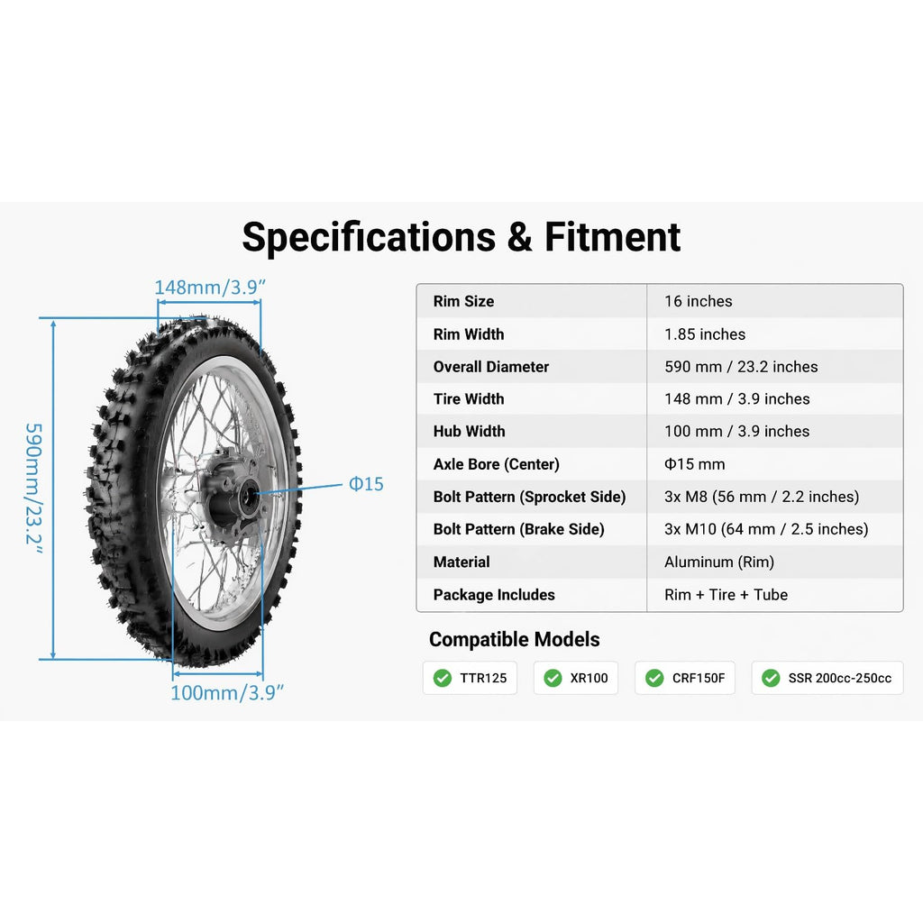 16" Rear Wheel Rim Tire Combo Fits Yamaha TTR125 Honda XR100 CRF150F 200cc 250cc SSR Dirt Bike - 1.85x16 Inch Motorcycle Tire & Rim Set