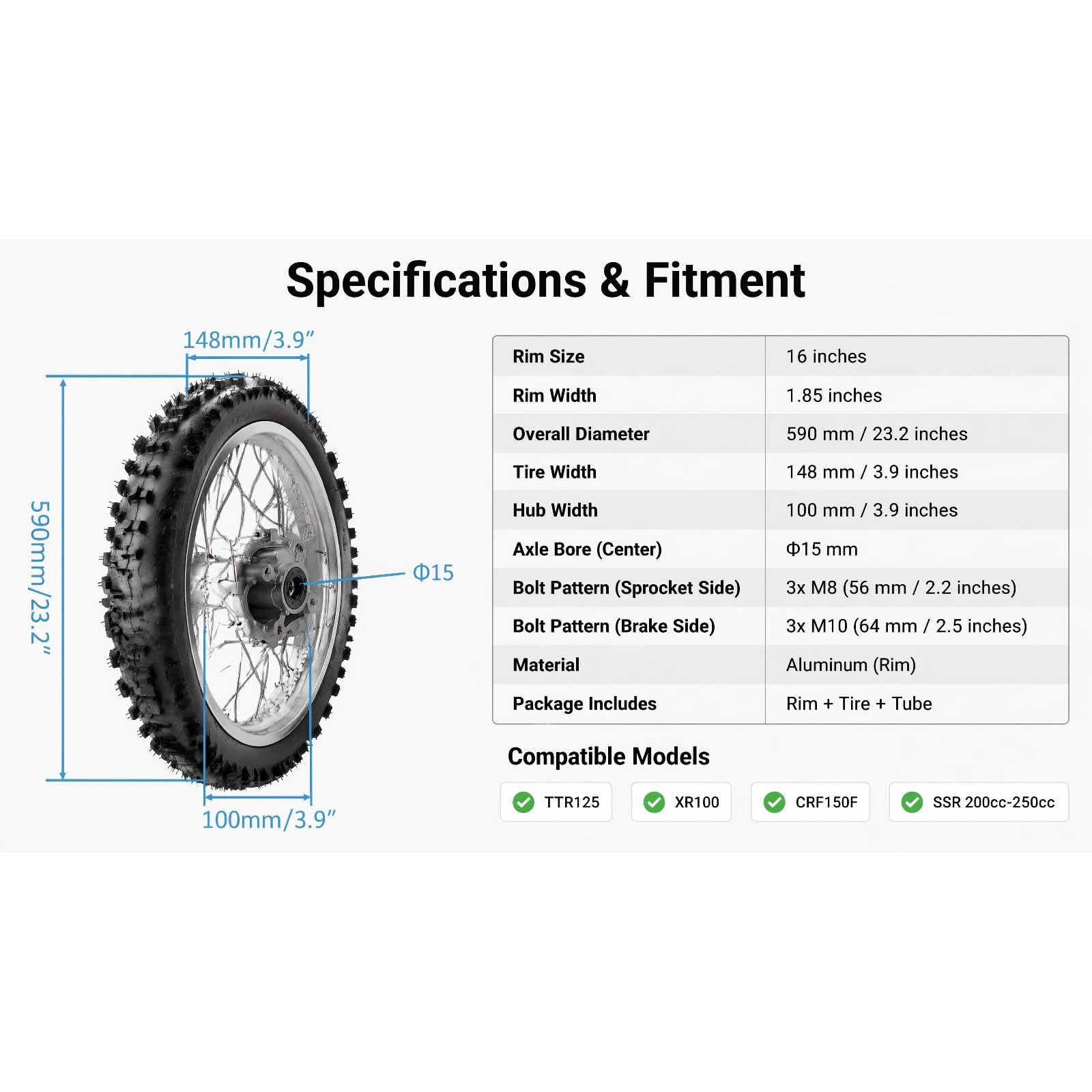 16" Rear Wheel Rim Tire Combo Fits Yamaha TTR125 Honda XR100 CRF150F 200cc 250cc SSR Dirt Bike - 1.85x16 Inch Motorcycle Tire & Rim Set