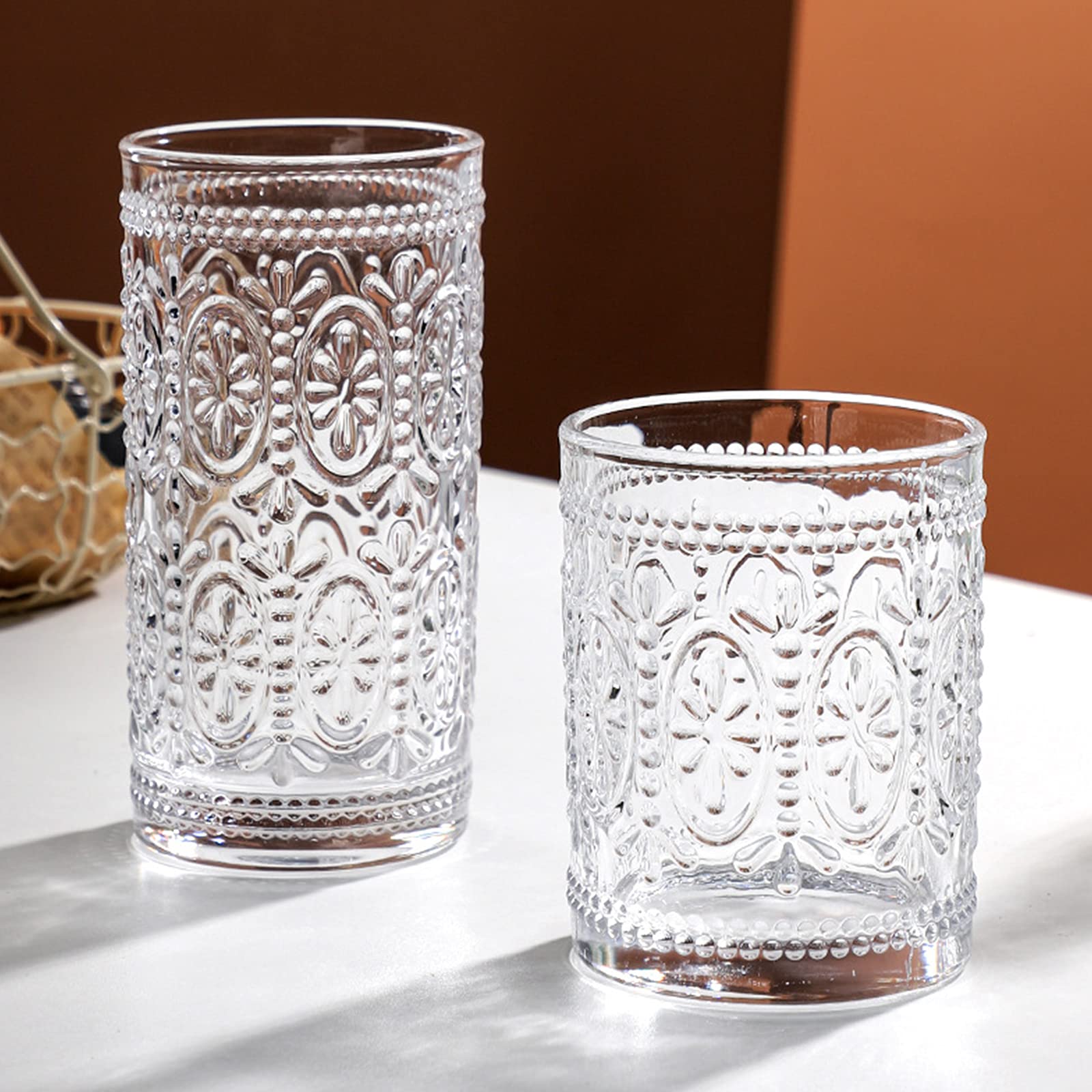 Bekith 6 Pack Drinking Glasses, 9.5 oz Romantic Water Glasses, Clear Embossed Glass Cups Vintage Glassware Set for Whisky, Juice, Beverages, Beer, Cocktail