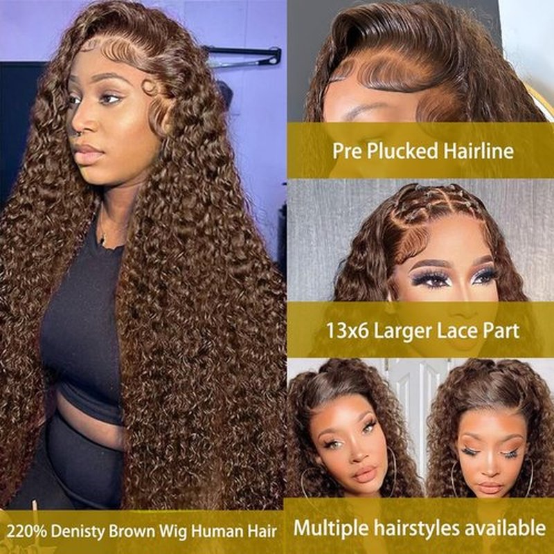 BIANFA 13x6 Deep Wave Lace Front Wigs Human Hair Chocolate Brown 220 Density HD Lace Front Wigs Human Hair Curly Wig Pre Plucked Human Hair Glueless Frontal Wigs (18inch)