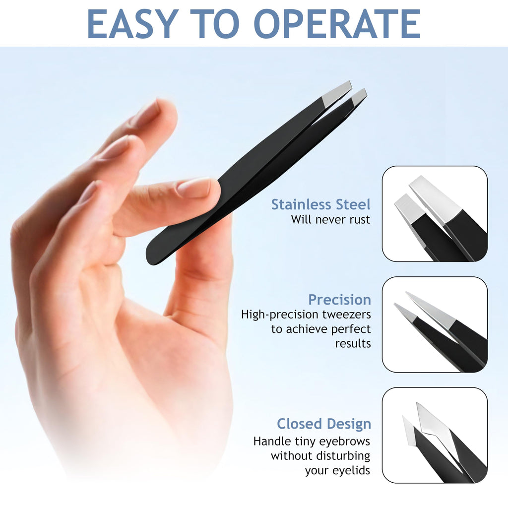 4-Piece Tweezers Set for Eyebrows & Facial Hair, Black Travel Case