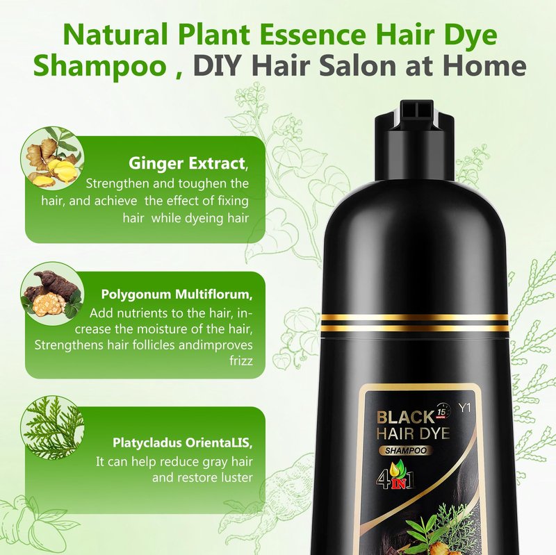 YUOLITA 4 in 1 Black Hair Dye Shampoo for Gray Hair, Semi-Permanent Instant Hair Color Shampoo for Women and Men, Herbal Ingredients Hair Care, 100% Grey Coverage 500ml