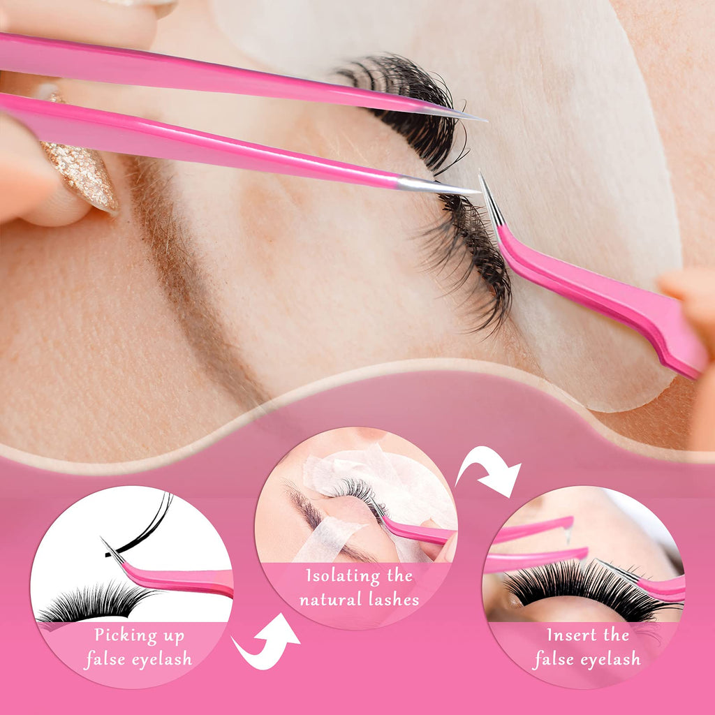 High Precision Lash Tweezers Set 6 Pack Stainless Steel Eyelash Extension Tweezers for Classic, Volume, Mega Volume Lashes, Facial Hair, Eyebrow, Hair Removal, Crafting Making(Pink)