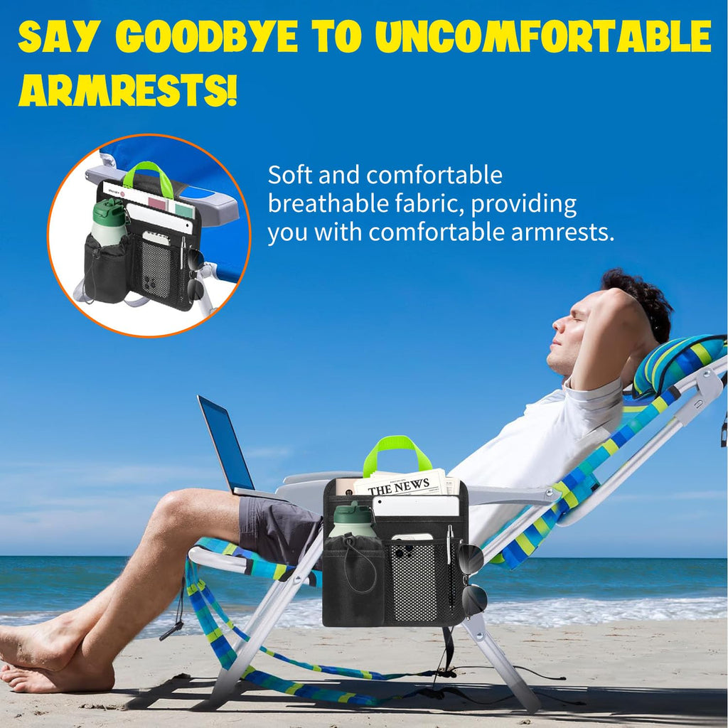 BOHEMIABY Beach Chair Cup Holder Attachment with Insulated Sleeve & 5 Pockets, Adjustable Armrest Organizer Caddy for Lawn Chairs, Camping, Stadium, Office (Black)
