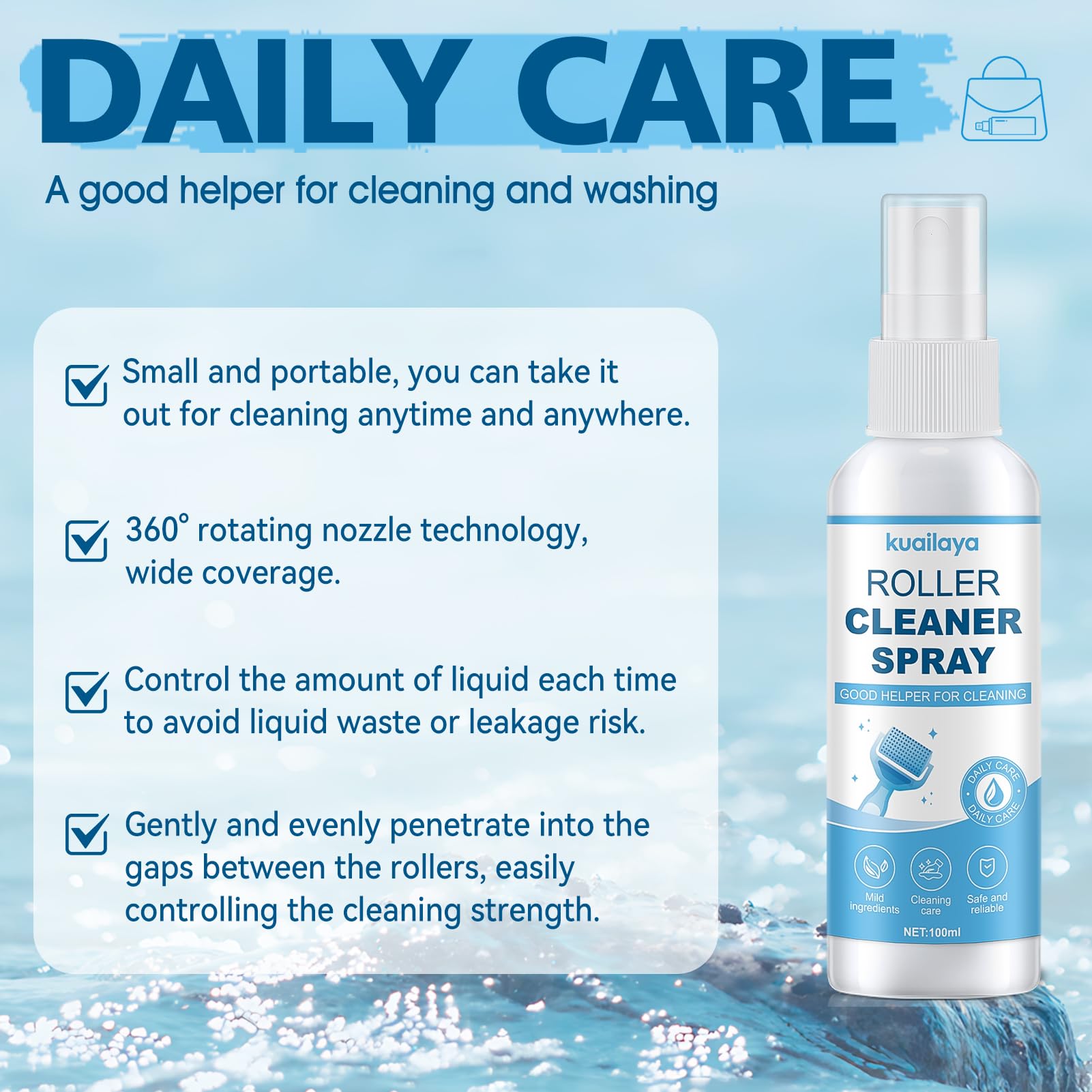 kuailaya Roller Cleaner, Roller Cleaner Spray, 100ml