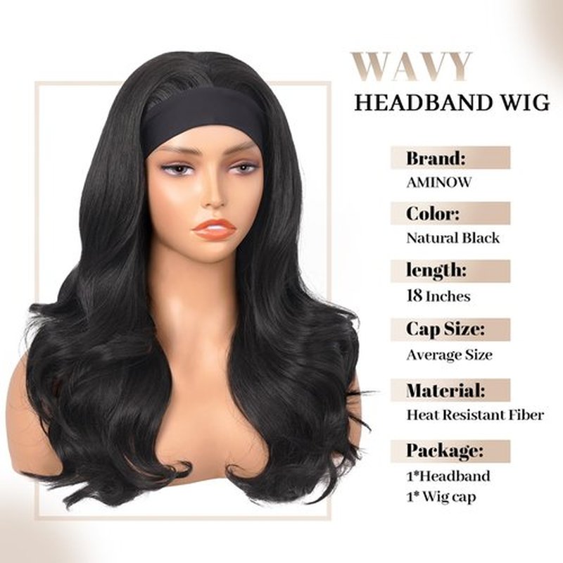 Aminow Wavy Headband Wig Synthetic Body Wave Headband Wigs for Black Women Glueless Half Wig Soft & Natural as Human Hair (Natural Black, 20 Inch)