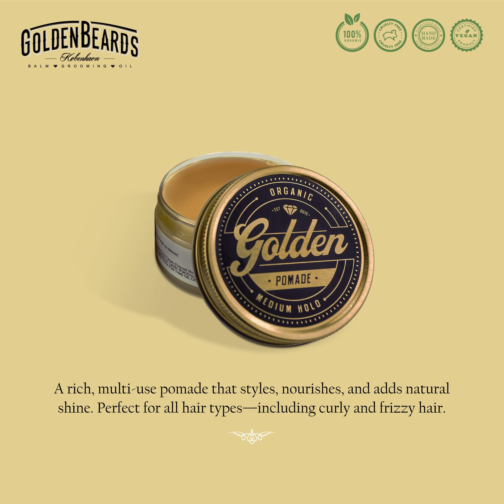 Golden Beards Organic Hair Pomade – 3.3 oz – Natural Styling Cream with Medium Hold & Matte Finish – Handmade, Vegan & Cruelty-Free Hair Grooming