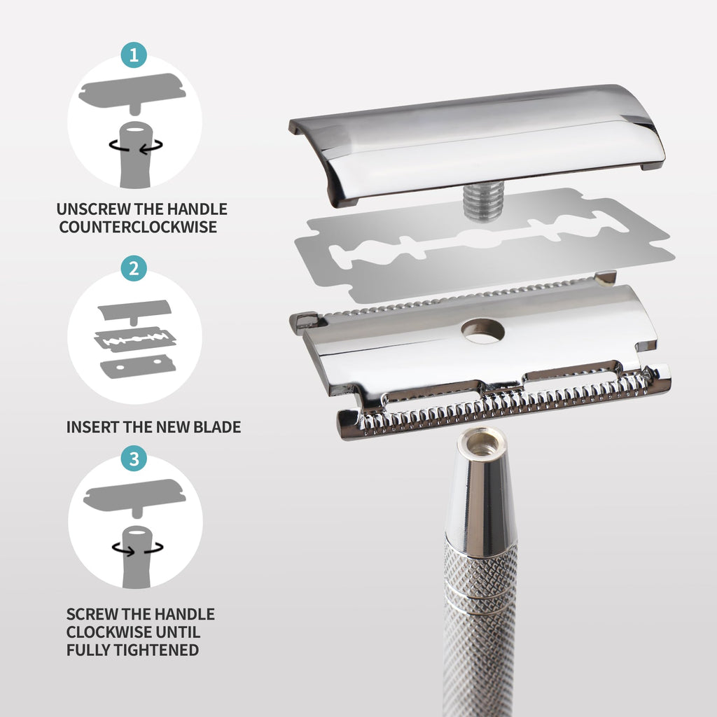 Gearhub Double Edge Safety Razor Reusable Stainless Metal Wet Shaving Razor with 10 Swedish Platinum Blades for Men Women Barber Bikini Armpit Hair, Silver GRB2D