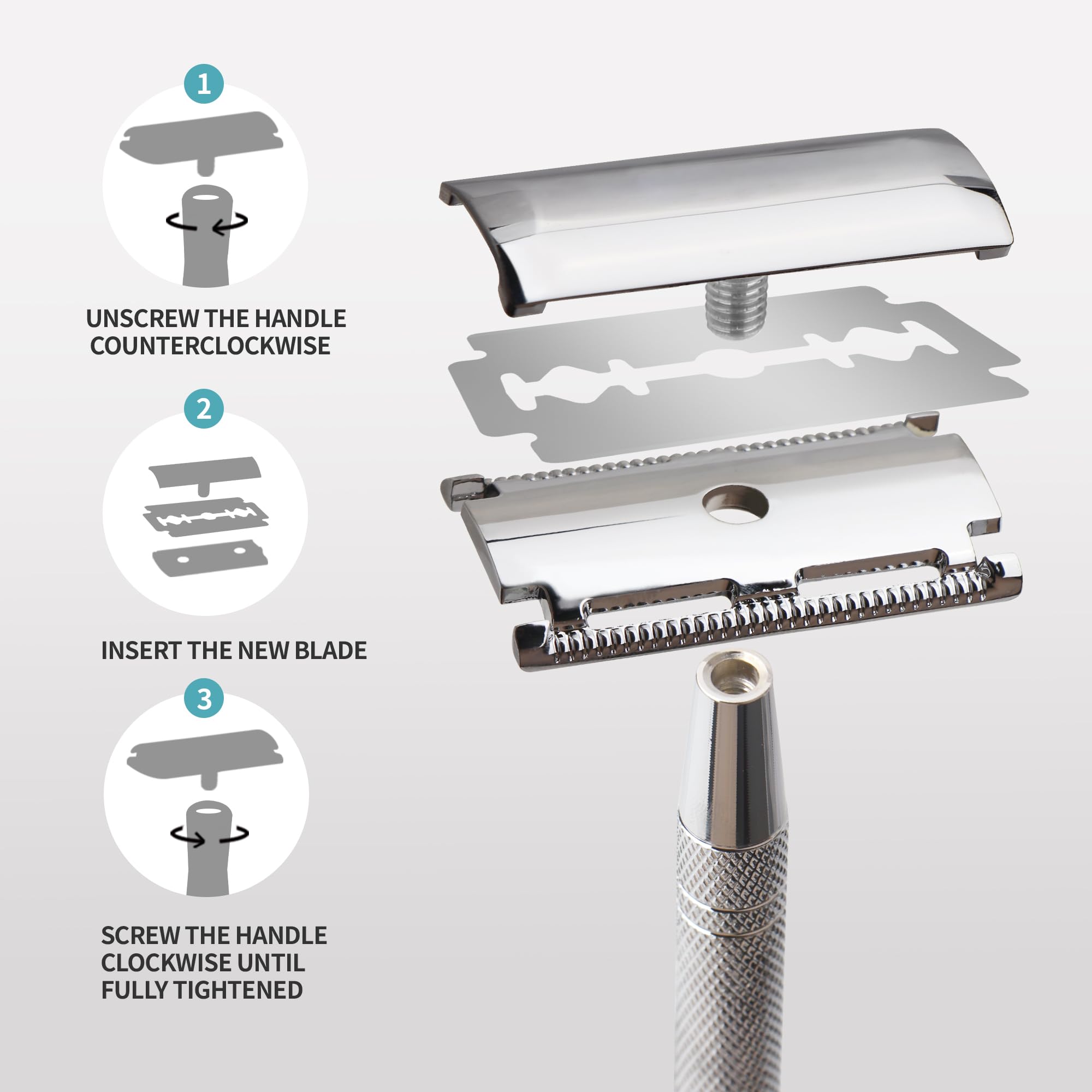 Gearhub Double Edge Safety Razor Reusable Stainless Metal Wet Shaving Razor with 10 Swedish Platinum Blades for Men Women Barber Bikini Armpit Hair, Silver GRB2D