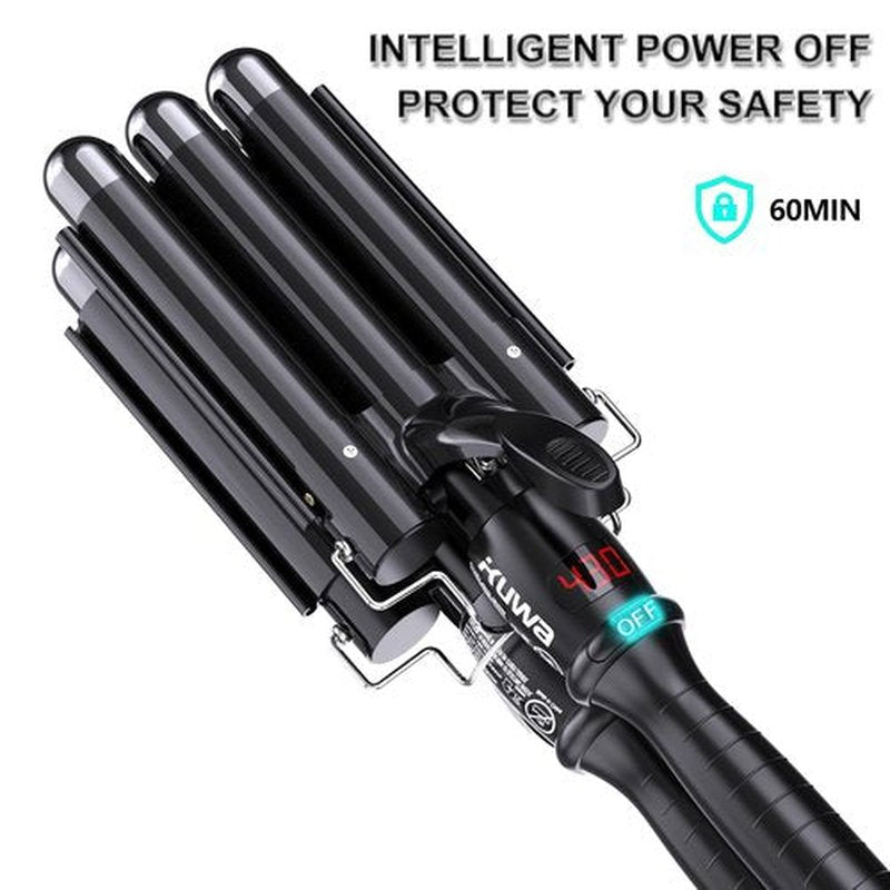 kuwa Three Barrel Curling Iron,Hair Crimper with LCD Temperature Display,1 Inch Crimper Hair Tool,Dual Voltage Hair Crimper,Beach Waver Curling Iron (Black)