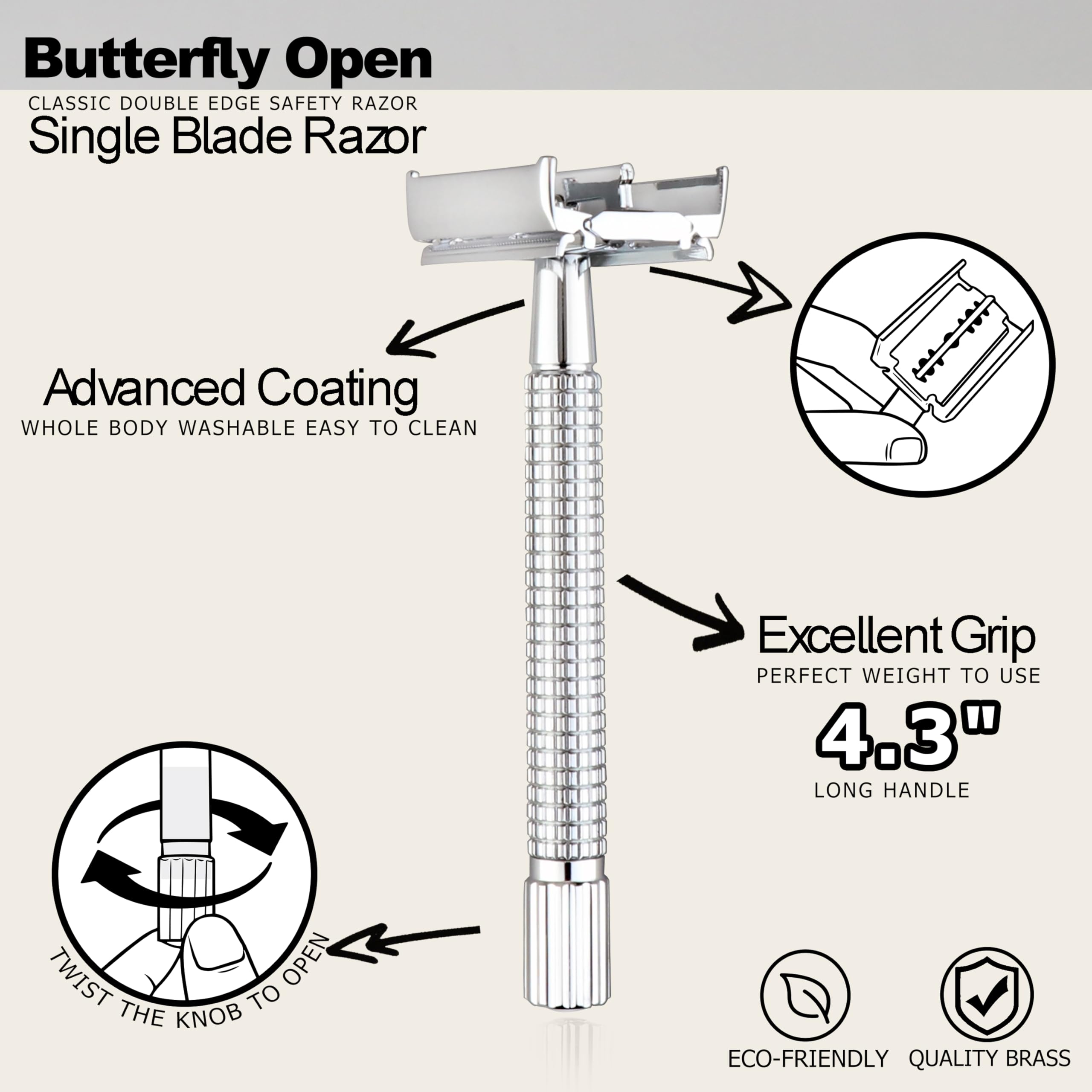 WEISHI Butterfly Open Double Edge Safety Razor for Men, Chrome Long Handle with 5 Stainless Razor Blades Included, Reusable Wet Shave Tool for Smooth, Close Shave
