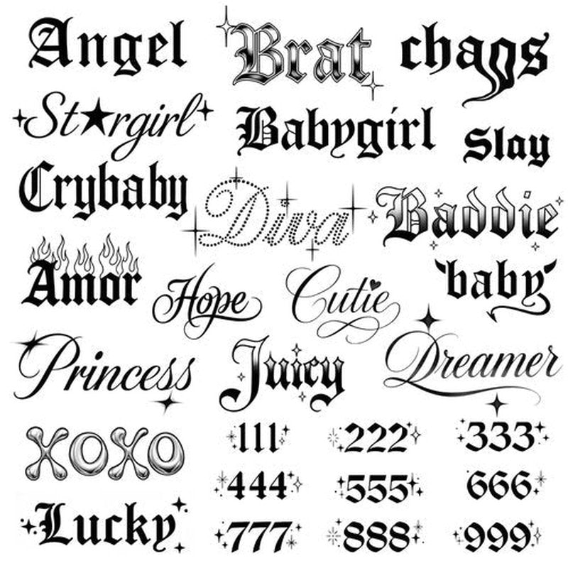 Pixel Hearts Sassy Script Temporary Tattoos | Y2K Gothic Words and Angel Numbers | Realistic Waterproof Fake Tats | Angel, Brat, Princess, Babygirl, Diva