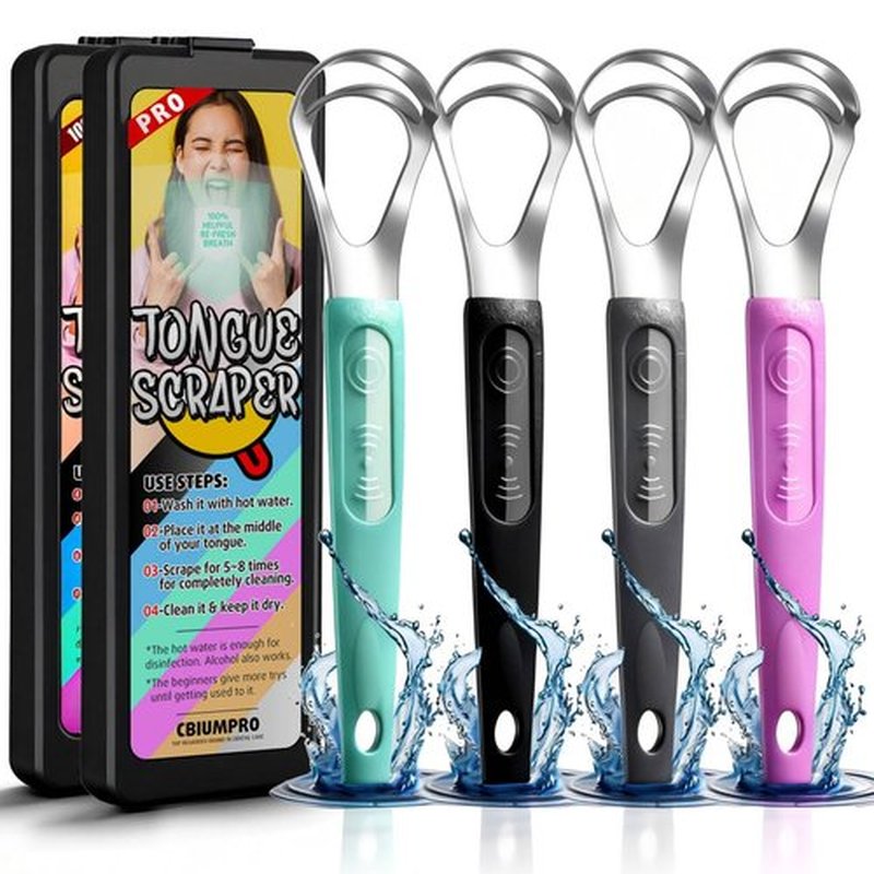 Cbiumpro Tongue Scraper Set - 4-Pack Stainless Steel Cleaners with Travel Case | Freshen Breath for Kids & Adults