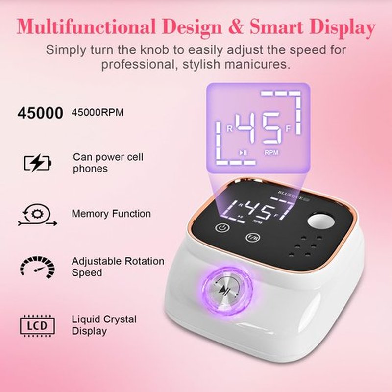Premium Professional Electric Nail Drill & File Kit — 45,000 RPM High-Speed Handpiece with LCD Display, 7 Versatile Bits, Low Noise & Heat, Perfect for Salon & Home Use(White)