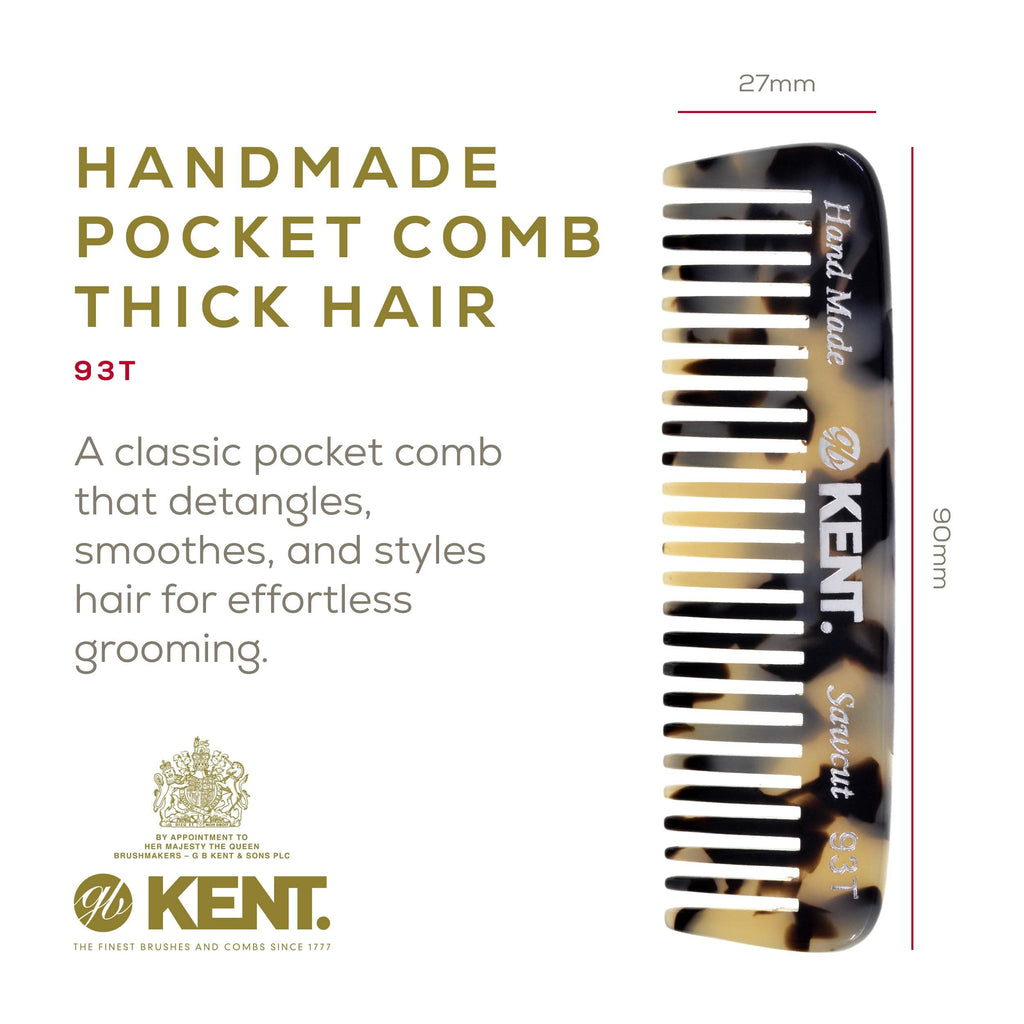 Kent 93T White Tokyo Wide Tooth Small Comb for Men's Mustache and Beard Grooming, Pocket Sized Detangler Travel Comb, Saw-Cut and Polished, Handmade in England