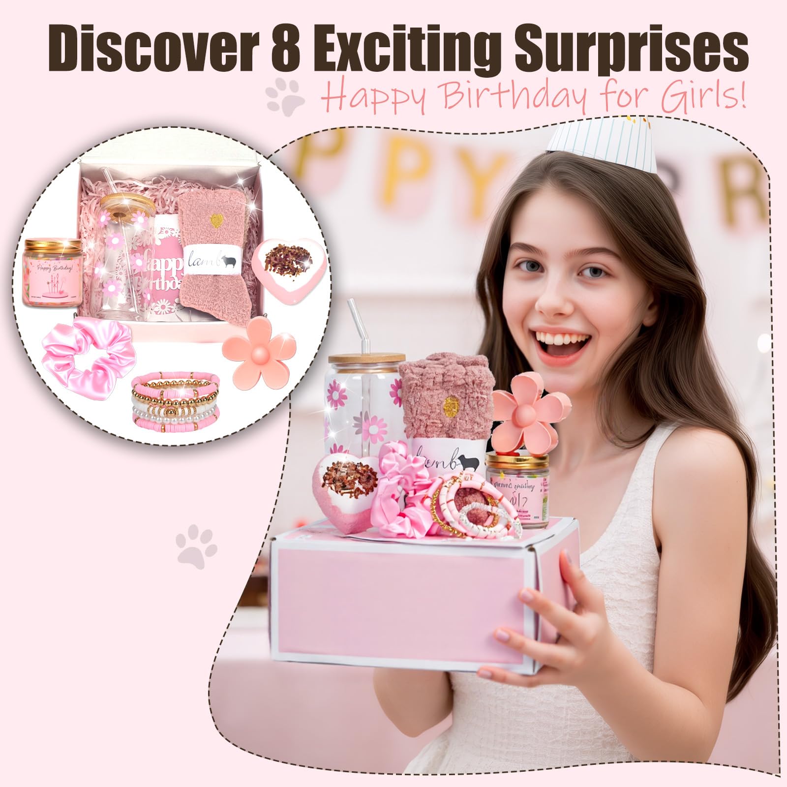 HIDDEN NUTS Birthday Gift for Teen Girls, Happy Birthday Box for Girl, Cute Preppy Stuff for Tween Girls, Christmas, Cute Daisy Aesthetic Glass Cups Tumbler Teen Gals Gifts Set 8pcs