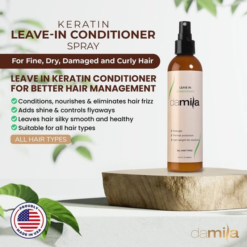 damila Keratin Leave In Conditioner Spray for Fine, Dry, Damaged and Curly Hair - Detangles and Protects Against Heat - Extends Your Keratin Treatment - Sulfate and Paraben Free